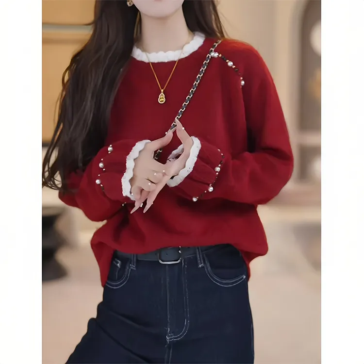 氛围感轻奢钉珠长袖针织衫女2026冬季新款百搭洋气减龄显瘦毛衣