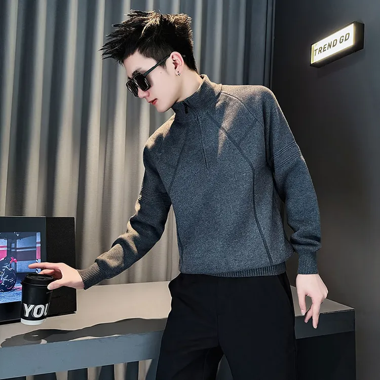 男士2025秋冬新款修身针织衫衣服男装半拉链设计感内搭打底衫毛衣