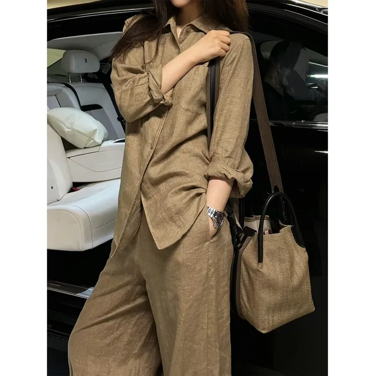 老钱风亚麻衬衫套装女夏季慵懒宽松时尚高端棉麻防晒衣长裤两件套