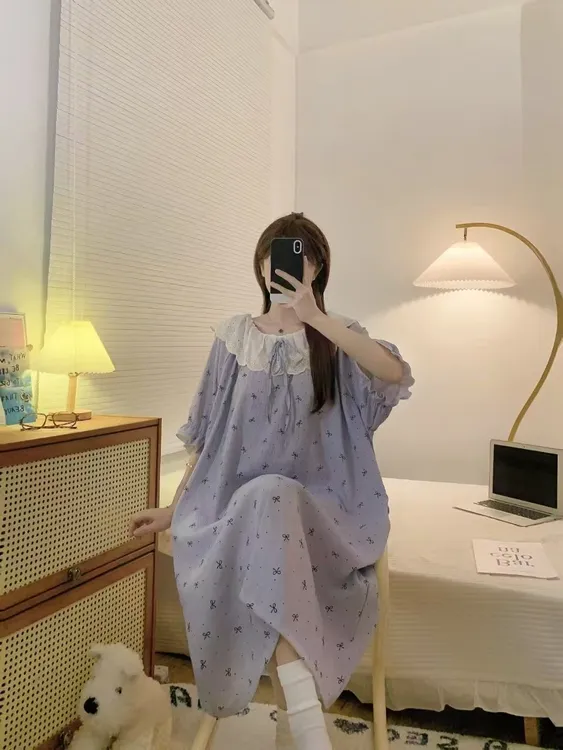 大码睡裙女款夏季显瘦草莓甜美可爱中长款睡衣加肥加大宽松家居服