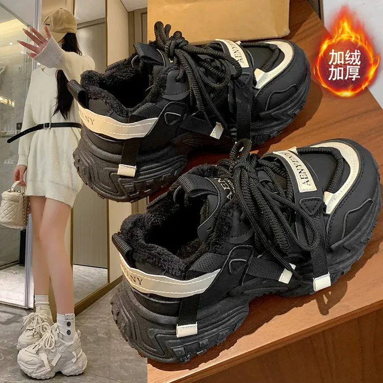ins韩版新款加绒老爹鞋女2024冬季学生运动厚底休闲鞋