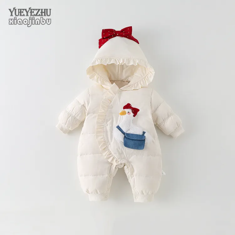 婴儿羽绒连体衣冬季公主洋气保暖哈衣女宝宝羽绒服冬装白鸭绒衣服