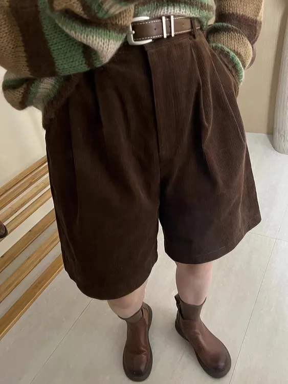 【百搭】灯芯绒阔腿短裤女秋新款高腰显瘦五分中裤休闲直筒外穿靴裤