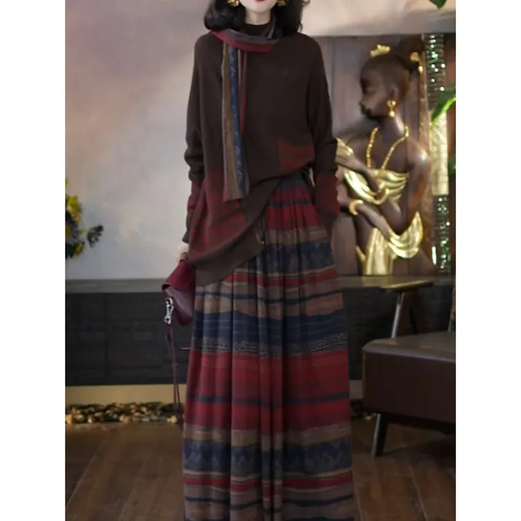 复古文艺风显瘦裙套装女2025冬季新款慵懒百搭长袖针织衫+半身裙