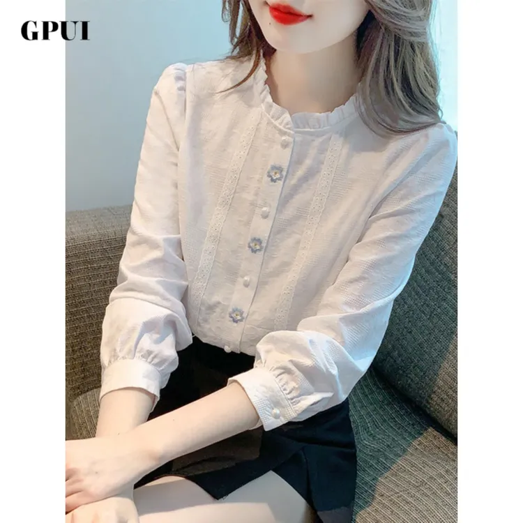 GPUI2025新款木耳边立领纯棉法式女洋气内搭白色衫感长袖刺绣上衣