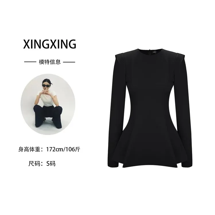 XINGXING 南法玫瑰 秋季显瘦长袖气质时尚黑色修身设计法式短上衣