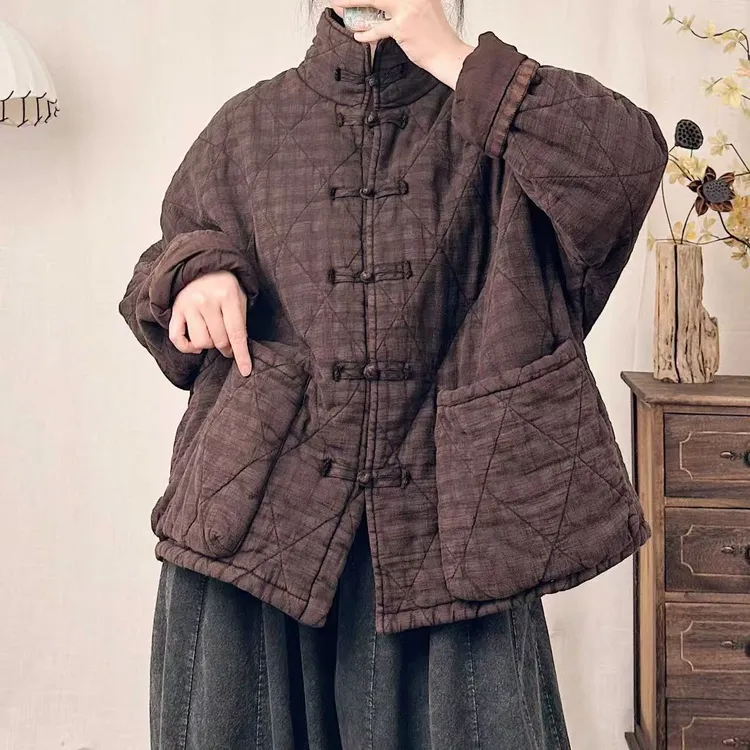 冬季提花棉麻炒色盘扣复古宽松保暖女款棉服外套