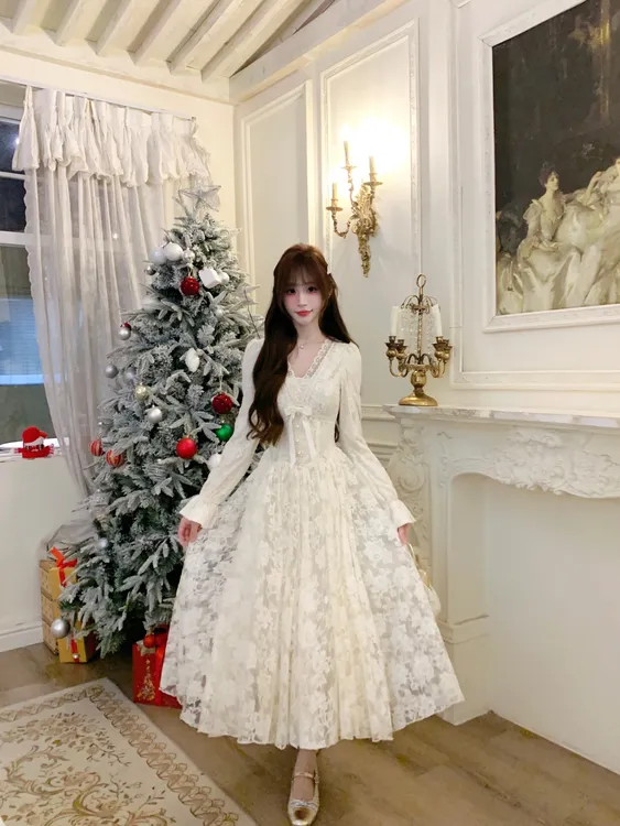 越韩小鱼 天使之翼长裙绒里 法式套装纯欲蕾丝连衣裙收腰千金风