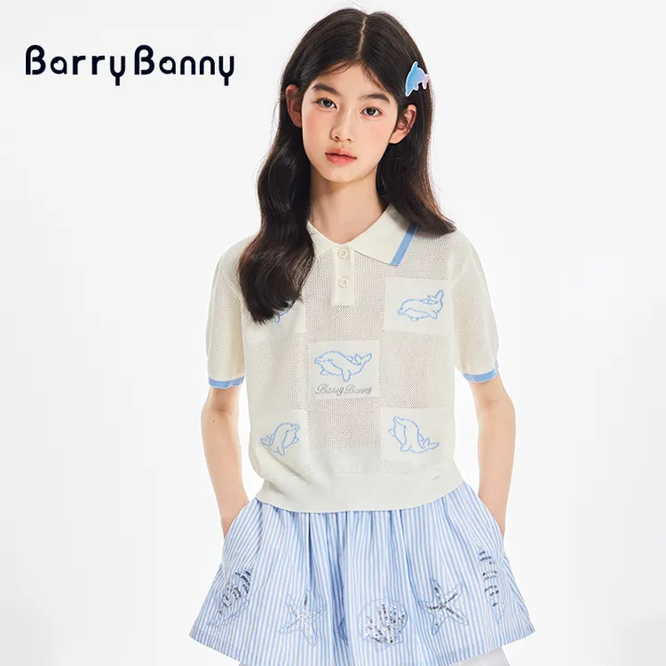 BarryBanny女童海洋polo衫短袖2025新款海豚透气翻领T恤上衣