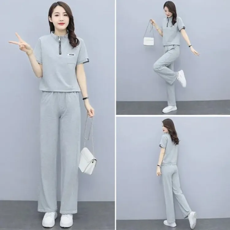 时尚女阔腿裤2025潮流女洋气百搭夏新款宽松两件套短袖休闲套装运