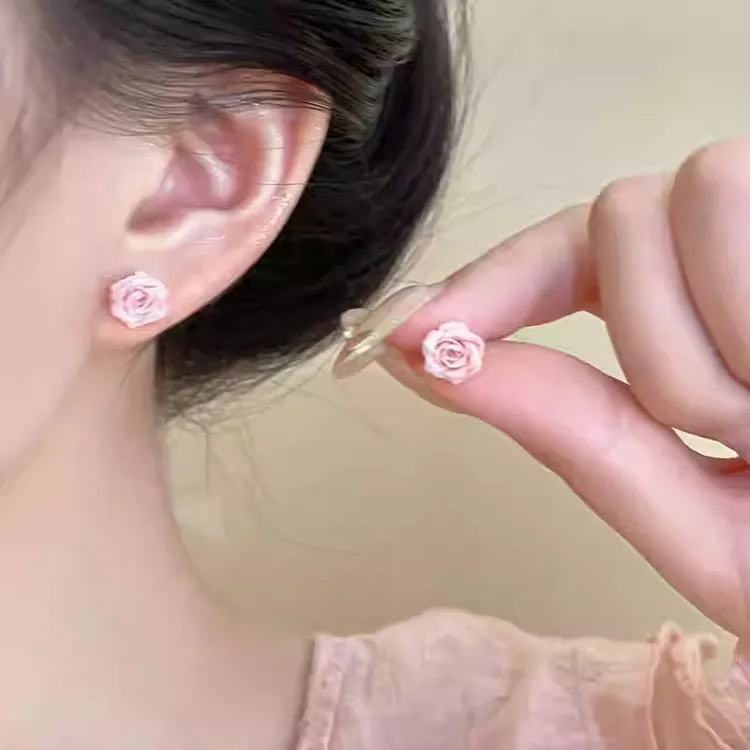 清新粉色玫瑰花朵耳钉女气质小众简约耳饰甜美