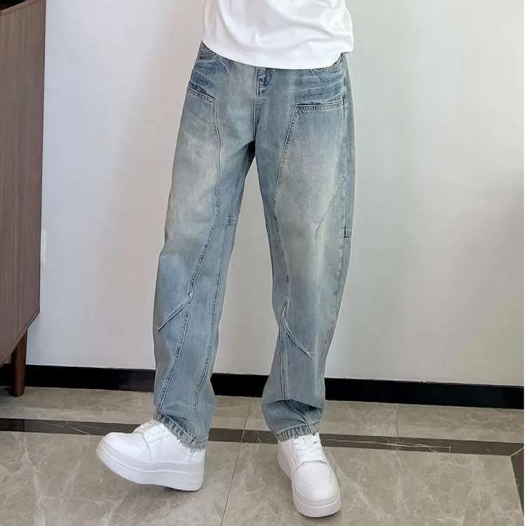 LUCHONG 潮牌微弯刀拼接水洗蓝牛仔裤 时尚酷帅宽松牛仔长裤男装