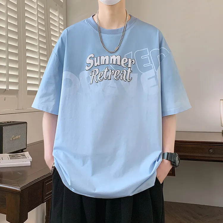 夏季青少年学生新款休闲圆领半袖宽松潮流上衣印花五分袖男生T恤