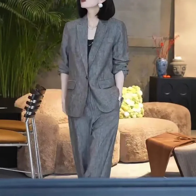 25179大爱美依缘2025春季新款时髦灰色高级感西服外套阔腿裤套装