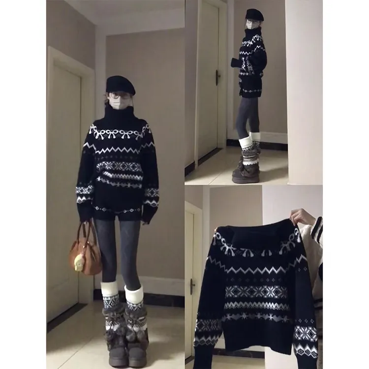 2025秋季新款时尚穿搭女复古费尔岛套头针织长袖百搭短裤两件套装