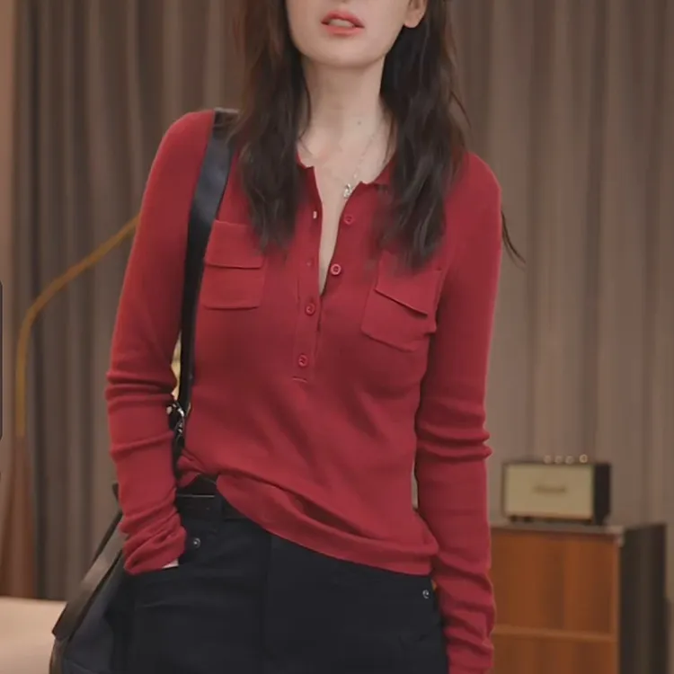 高级感简约舒适百搭翻领针织衫女时尚洋气显瘦纯色打底衫长袖上衣