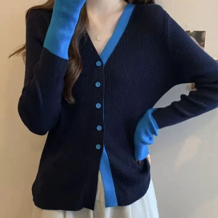 韩版撞色v领针织开衫女早秋气质拼接轻熟风复古修身显瘦气质上衣