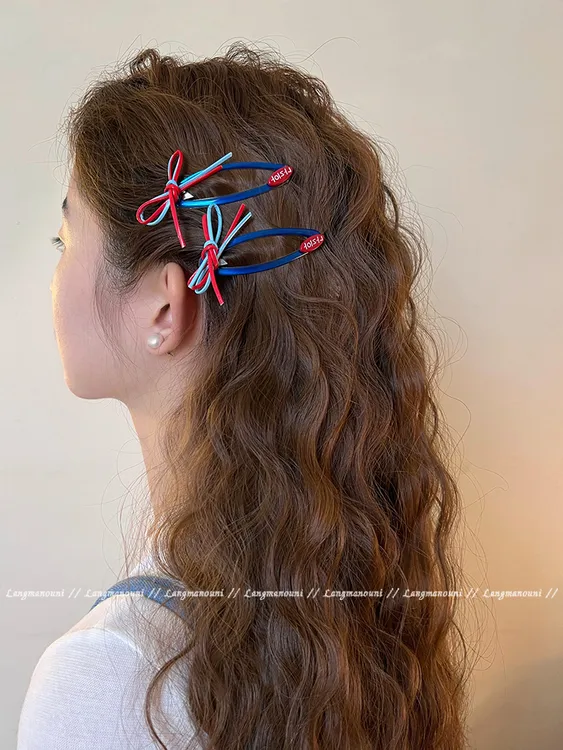 红蓝撞色蝴蝶结发夹女ins百搭高级感前额刘海侧边夹发卡夹子头饰