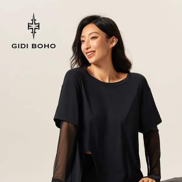GIDI BOHO/极地薄荷秋季新款时尚宽松长袖简约透气网纱运动T恤女