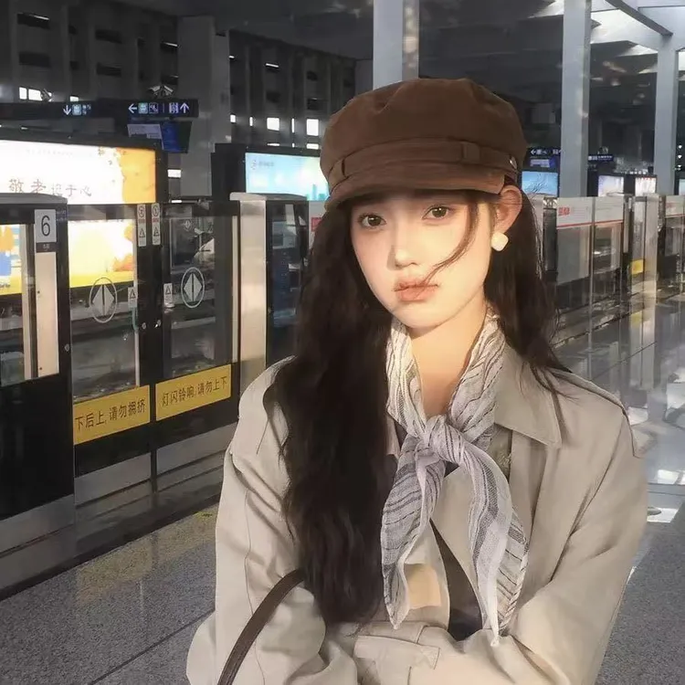 时尚秋冬氛围感美拉德棕色麂皮感平顶报童帽女复古英伦八角画家帽