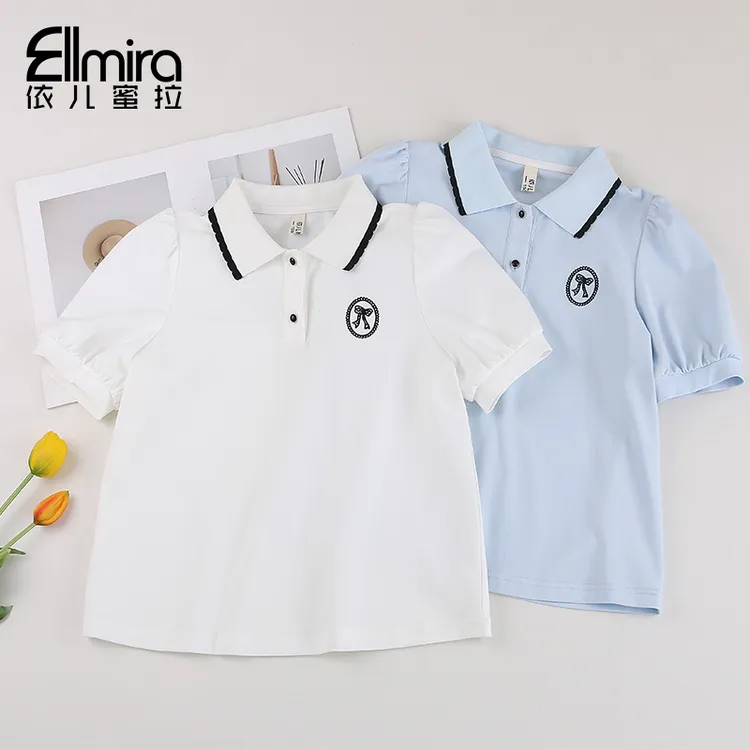 9013女童短袖t恤夏季POLO衫上衣翻领泡泡袖2025新款大童洋气学生