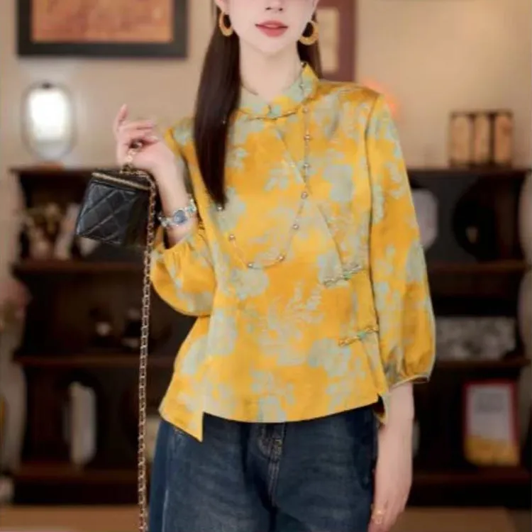 2025秋季新款洋气设计感显瘦立领小衫国风新中式百搭印花长袖上衣