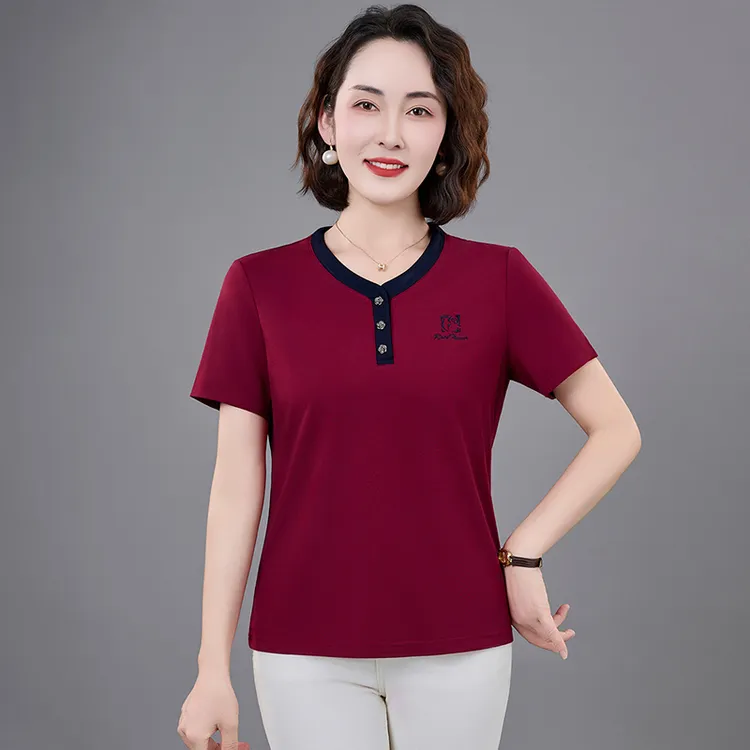 恩狐夏季新款妈妈装短袖t恤中老年夏季休闲纯色三粒扣洋气上衣