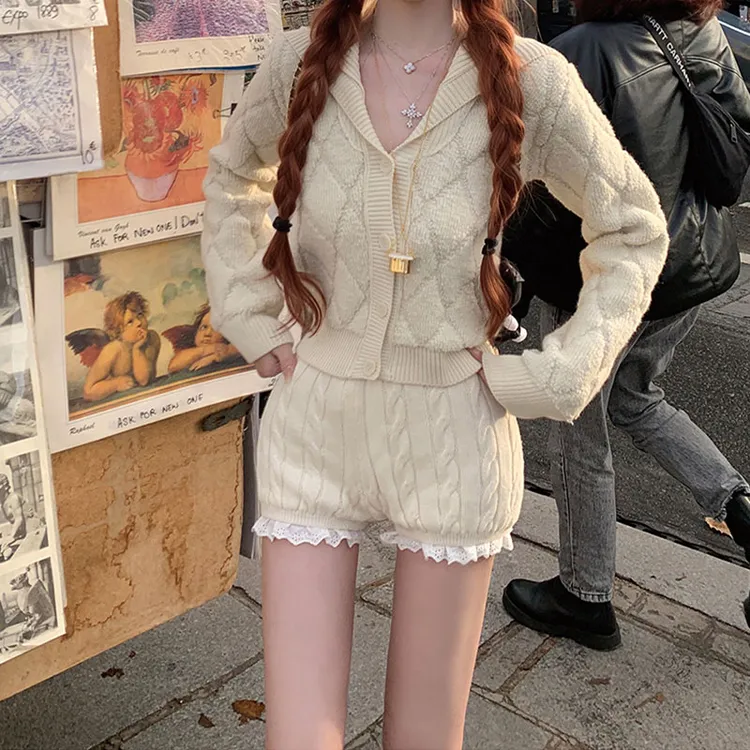 【反叛甜心】2025秋冬季韩版纯欲针织格纹软糯宽松海军领上衣配短裤