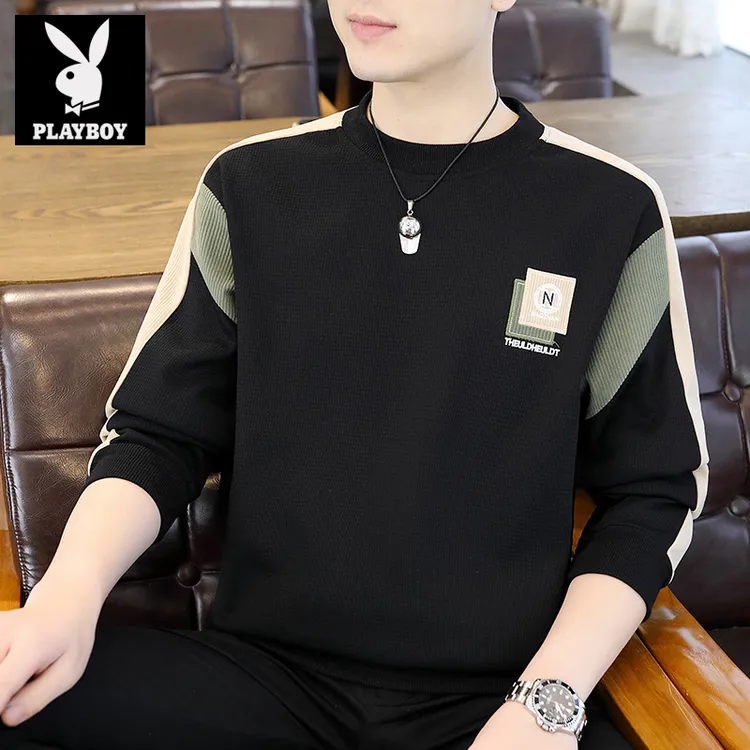 花花公子男士新款卫衣秋冬圆领打底衫加绒加厚高档潮流休闲男上衣