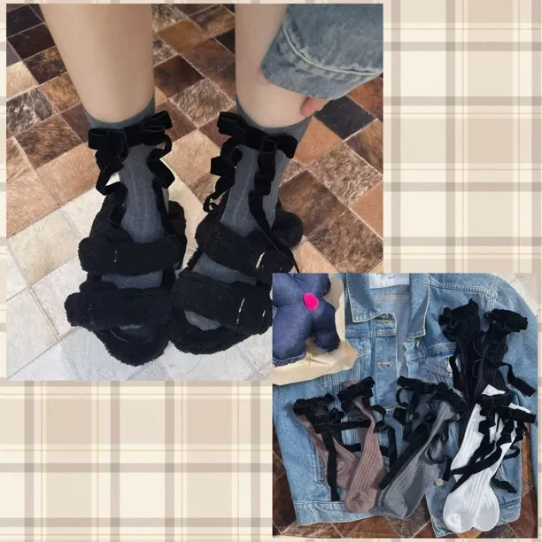 新品3D立体植绒双层蝴蝶结个性设计师款中筒堆堆短袜女