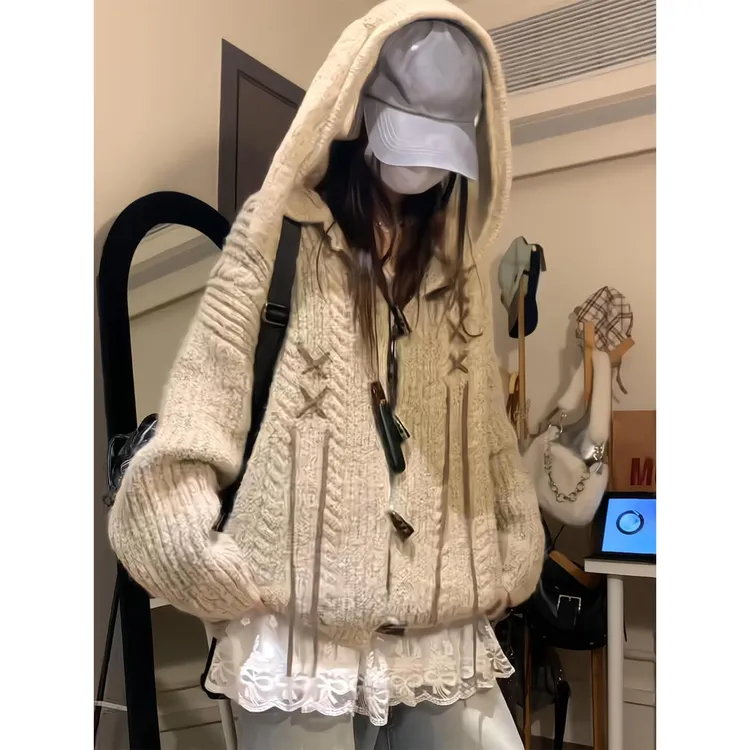 美式覆古兔耳朵牛角扣连帽毛衣女秋冬2025新款慵懒风针织开衫外套