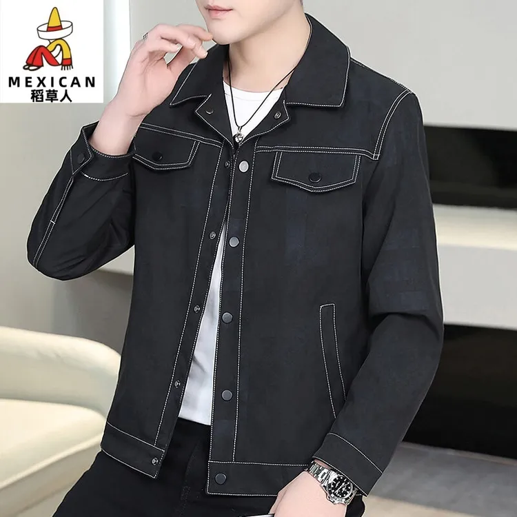 稻草人春秋季新款翻领夹克男休闲百搭外套上衣服男士时尚时尚男装