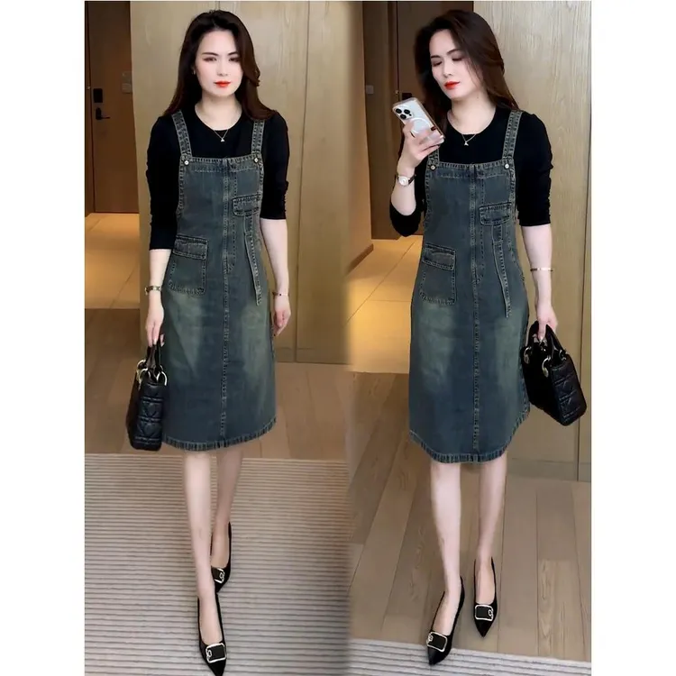 牛仔连衣裙女2025春季新款时髦洋气中长款减龄长袖假两件背带裙子