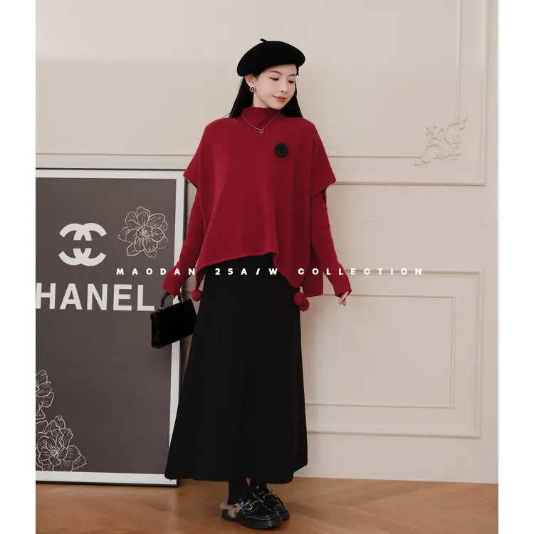 maodan/猫单【漫冬赫本】孕妇装冬季新品时尚气质毛衣斗篷半身裙
