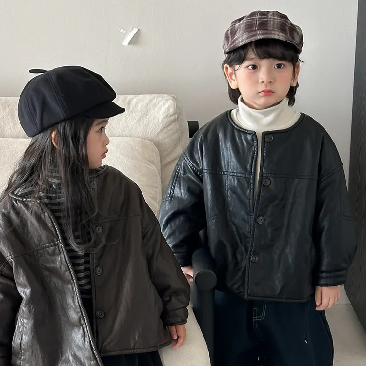 佳叶童品2025儿童冬季新款夹棉皮衣外套男女宝宝森系加厚棉袄夹克
