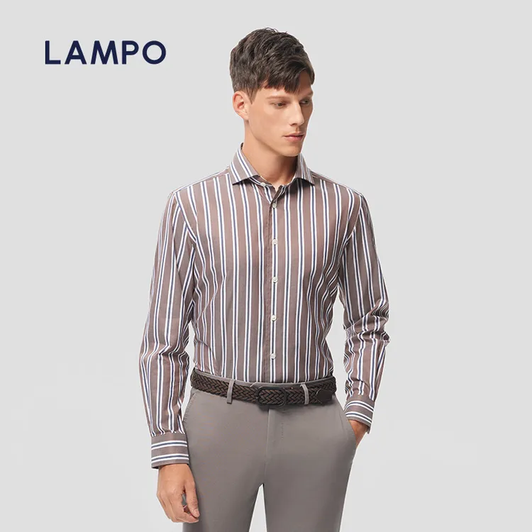 LAMPO/蓝豹【意式条纹衬衫】男士长衬休闲商务男款轻奢全棉咖底白色