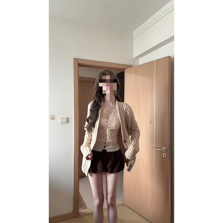 韩系u领绑带针织衫挂脖蕾丝长袖慵懒风毛衣开衫上衣花苞时尚短裤