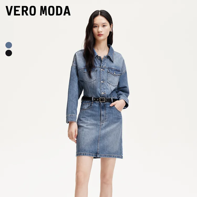 Vero Moda连衣裙女25新款翻领落肩水洗牛仔中长裙流光风325342011