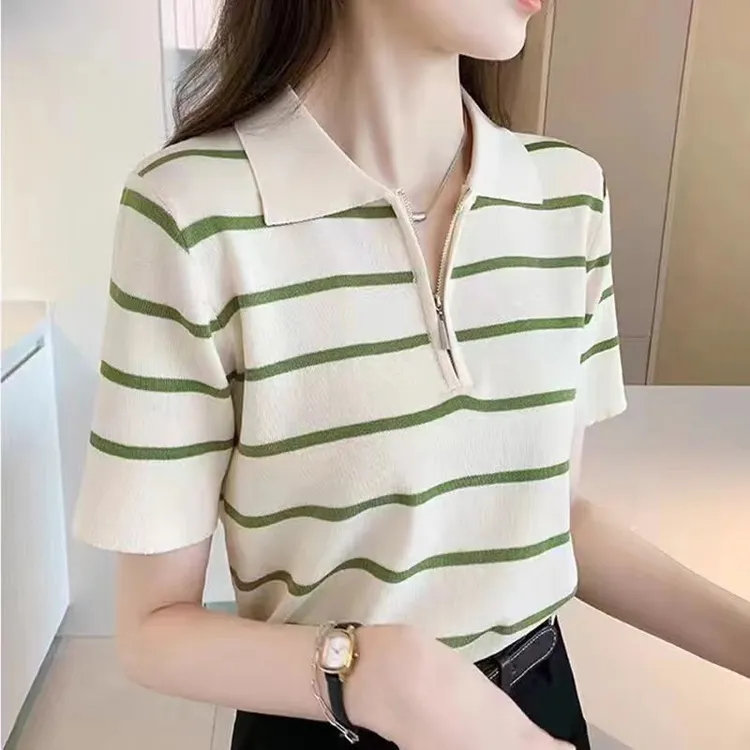 哥弟阿玛施正品夏季女款短袖条纹拉链翻领Polo衫宽松百搭显瘦上衣