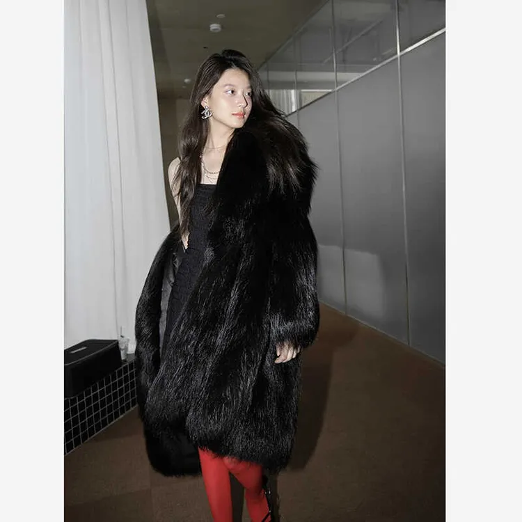 芳芳家 黑金女王 挪威银狐 长款狐狸毛皮草外套 黑色毛毛气质大衣