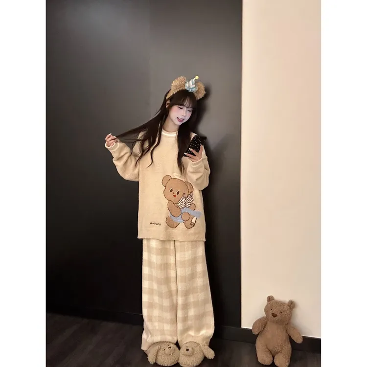 可爱卡通黄油小熊睡衣女秋冬季新款加厚半边绒格纹长裤家居服套装