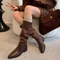 Luckyduck|简约拼接慵懒风显腿细~复古显瘦长筒粗跟骑士靴女4cm
