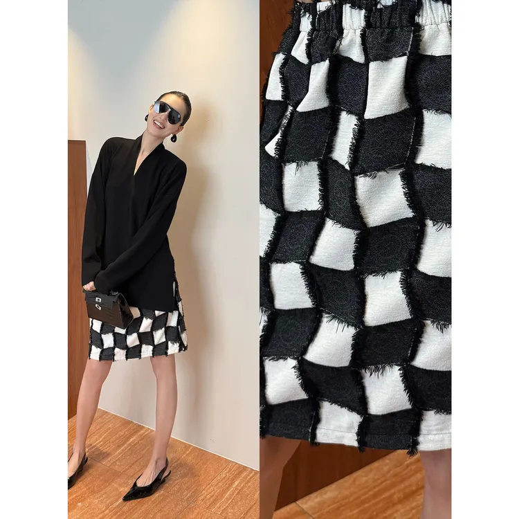 紫紫   中古棋位裙 松紧腰新贵中式小众棋盘格半身裙 ZD09BZHJ233