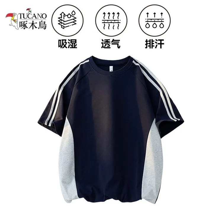 啄木鸟2025夏季运动风网红洋气炸街男装三条拼接短袖宽松休闲男士