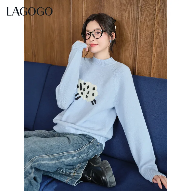 lagogo拉谷谷2025年新款童趣小羊圆领针织衫女OCMM479GD2