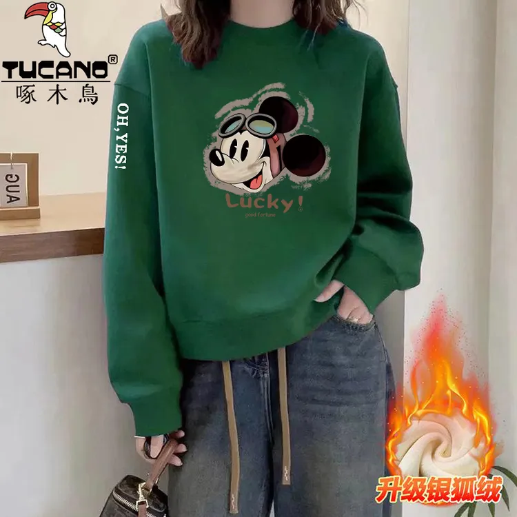 啄木鸟纯棉秋冬加绒保暖高级感卫衣女简约通勤圆领印花小个子衣服