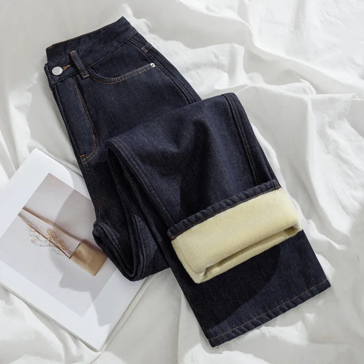 深蓝复古加绒窄版阔腿牛仔裤女2025秋冬加厚高腰宽松显瘦直筒裤子