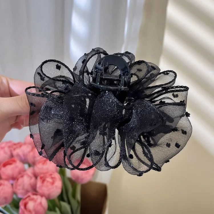 韩版雪纺欧根纱抓夹蕾丝发夹春夏新款简约发饰气质网红时尚黑色
