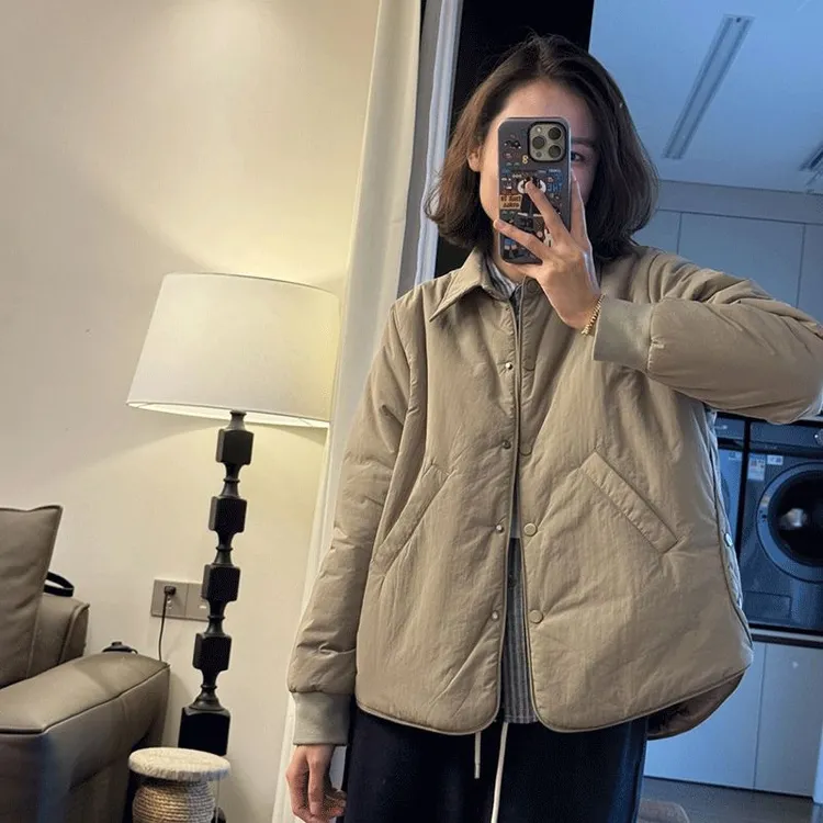 简约翻领暗扣棉衣短外套女秋冬季新款宽松显瘦百搭轻薄棉服上衣潮