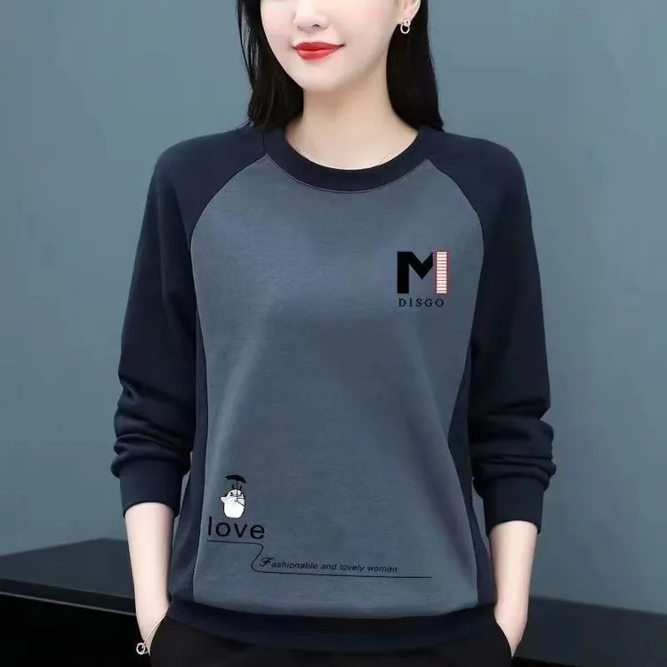 2024春秋新款韩版中年大码圆领卫衣拼接印花长袖女妈妈t恤上衣潮